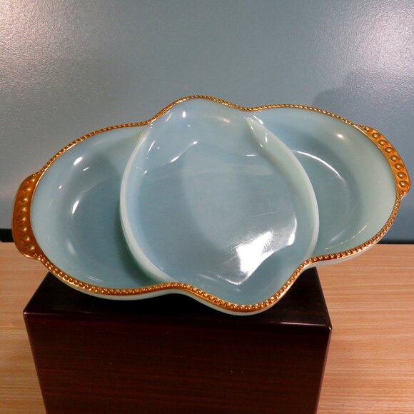 Vintage Fire King Delphite Blue and Gold Glass Oven Dish - Picture 1 of 9